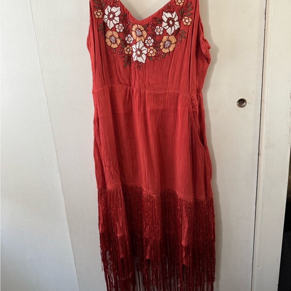Idyllwind Red Asymmetrical Dress with Floral Embroidery